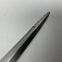 First Pattern Fairburn Sykes ''F-S'' Fighting Knife by Wilkinson Sword Ltd., the 17cm double edge steel blade with raised medial ridge to each side, each side of the ricasso with a recessed panel, one side with maker's name, the opposing side etched THE F~S FIGHTING KNIFE, with nickel plated brass recurving crossguard and diamond cut grip; in leather scabbard with metal chape