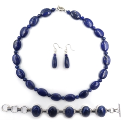  Lapis lazuli silver bracelet stamped 925, bead necklace and ear-rings  