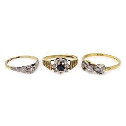  Gold diamond bow set ring, single stone diamond ring, both stamped 18ct plat and a sapphire cluster ring hallmarked 9ct  
