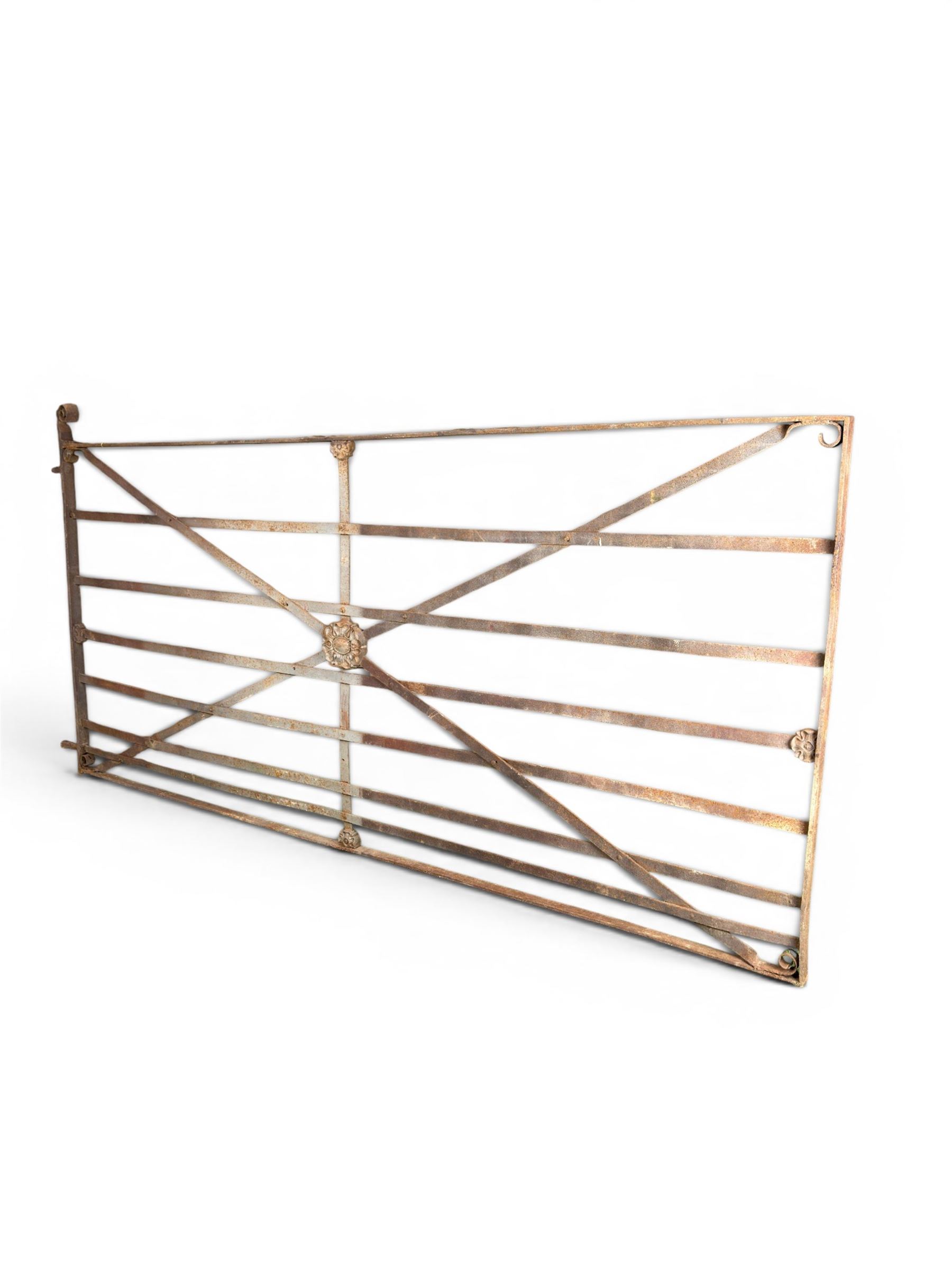 19th century Regency design painted wrought iron country estate gate, strapwork detail with five cast motifs, stamped W & J Rodenhurst, Drayton