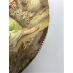 Late 19th century porcelain plate, hand painted by Frederick Sutton, depicting a female figure and putto within a wooded landscape, with recumbent sheep and brook to the fore, signed F N Sutton, unmarked verso, D22.5cm

Frederick Sutton was employed as a painter at the notable factories of Royal Worcester, Coalport, and Minton. 