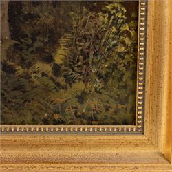 English School (19th/20th century): Figures Strolling Through Dense Forest, pair of oils on canvas indistinctly signed 29cm x 60cm (2)