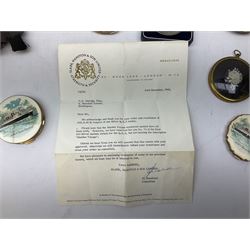 Silver 1969 Cunard RMS Queen Elizabeth maiden voyage commemorative medallion, in original Slade, Hampton & Son case with certificate, two Stratton R.M.S Queen Elizabeth mirror compacts, Stratton R.M.S Queen Mary compact, mid 20th century P&O Canberra Round World Voyage miniature globe, S.S Oriana ash tray modelled as a barrel, Norah Wellings sailor doll, and other maritime and shipping memorabilia 