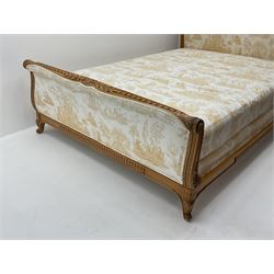 20th century French beech 5’ Kingsize upholstered bedstead, ribbon and leaf carved cresting rail, with box base, mattress and bed spread