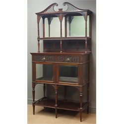  Edwardian mahogany cabinet, pierced swan neck pediment above bevelled edge mirrors, two blind fret work drawers and two glazed doors, square tapered supports, joined under tier, W91cm, H183cm, D47cm  