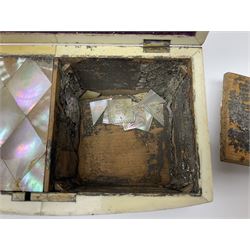 Victorian mother of pearl tea caddy, of rectangular bow-fronted form, the body with floral, bird and geometric engraved mother of pearl panels, white metal shield plaque to the cover inscribed with the initials G.J.A and similar escutcheon, the two division interior with ivory edging and two panelled mother of pearl lids, on four vegetable ivory bun feet L20cm, together with a similar style mother of pearl card case (2) This item has been registered for sale under Section 10 of the APHA Ivory Act