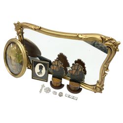 Gilt composite mirror, pair of ship bookends, oil painting in oval frame signed 'David' and framed silhouette and costume jewellery