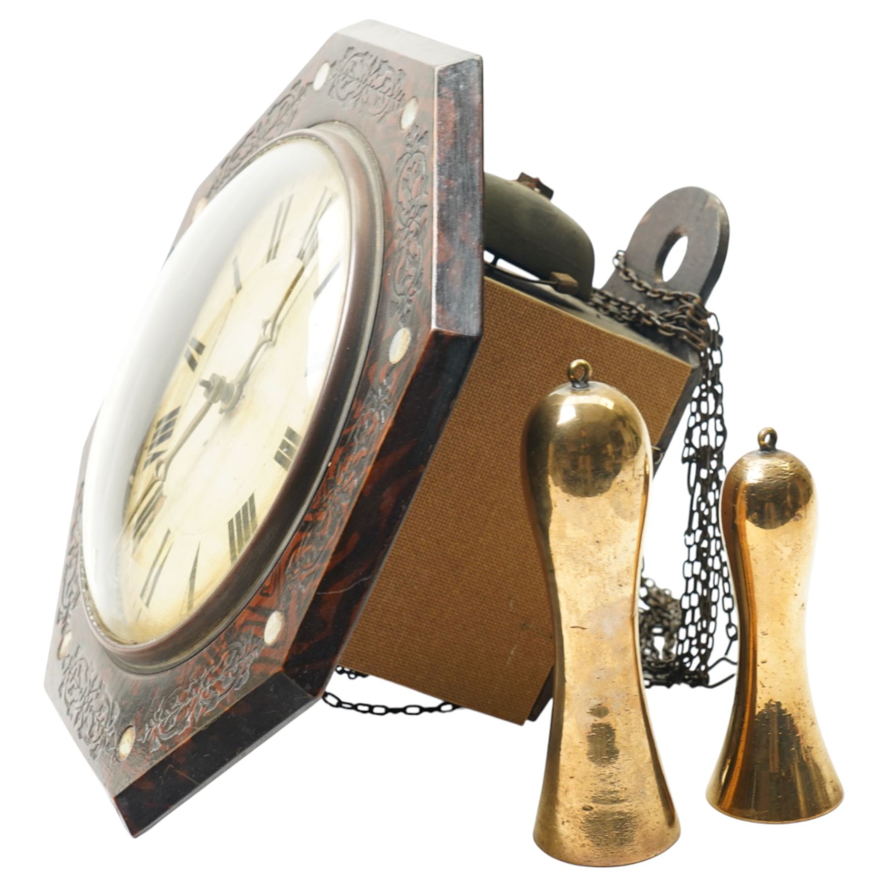 German-Late 19th century 30-hour Black Forest wall clock with an octagonal dial and inlaid mother of pearl decoration, painted 7