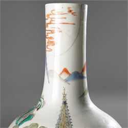 Chinese Kangxi period famille verte vase, the body finely painted with a continuous narrative scene of figures inside and out of a pavilion complex, beside a river, rocks and trees, character mark to base, raised upon a hardwood stand, overall H47cm