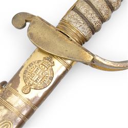 Victorian 1827 pattern Naval officers sword with lions head pommel, wire wound fishskin grip, the brass mounted leather scabbard inscribed 'Galt, Portsmouth', blade length 70cm 