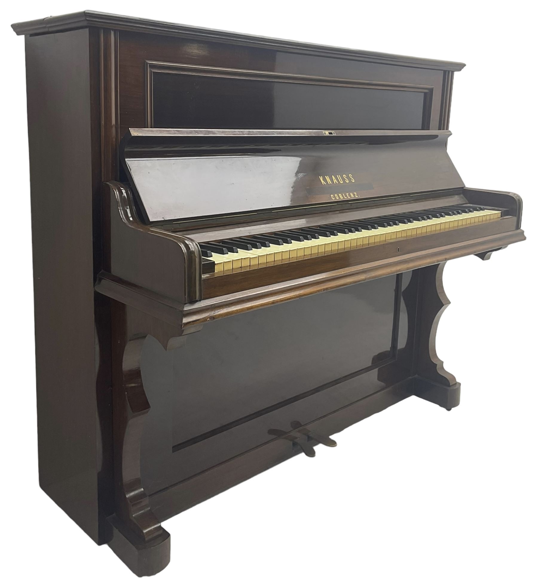 Knauss Coblenz - early 20th century rosewood cased upright piano, straight strung iron movement, simulated ivory keys