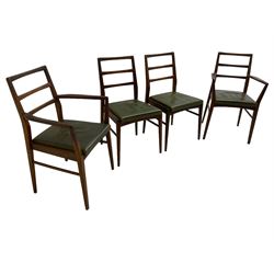 Richard Hornby for Fyne Ladye - set of six (4+2) mid-20th century dining chairs, ladder back over green faux leather upholstered drop-in seat, on tapering supports