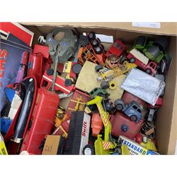 Quantity of play worn model cars and trains, track etc in one box
