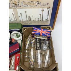 Commemorative ware to include Elizabeth II coronation glasses, cased tea spoons, Elizabeth and Philip Royal Wedding souvenir programme, napkins, tins, novelty Henry VIII teapot and a framed reign chart of the Kings and Queens etc in two boxes
