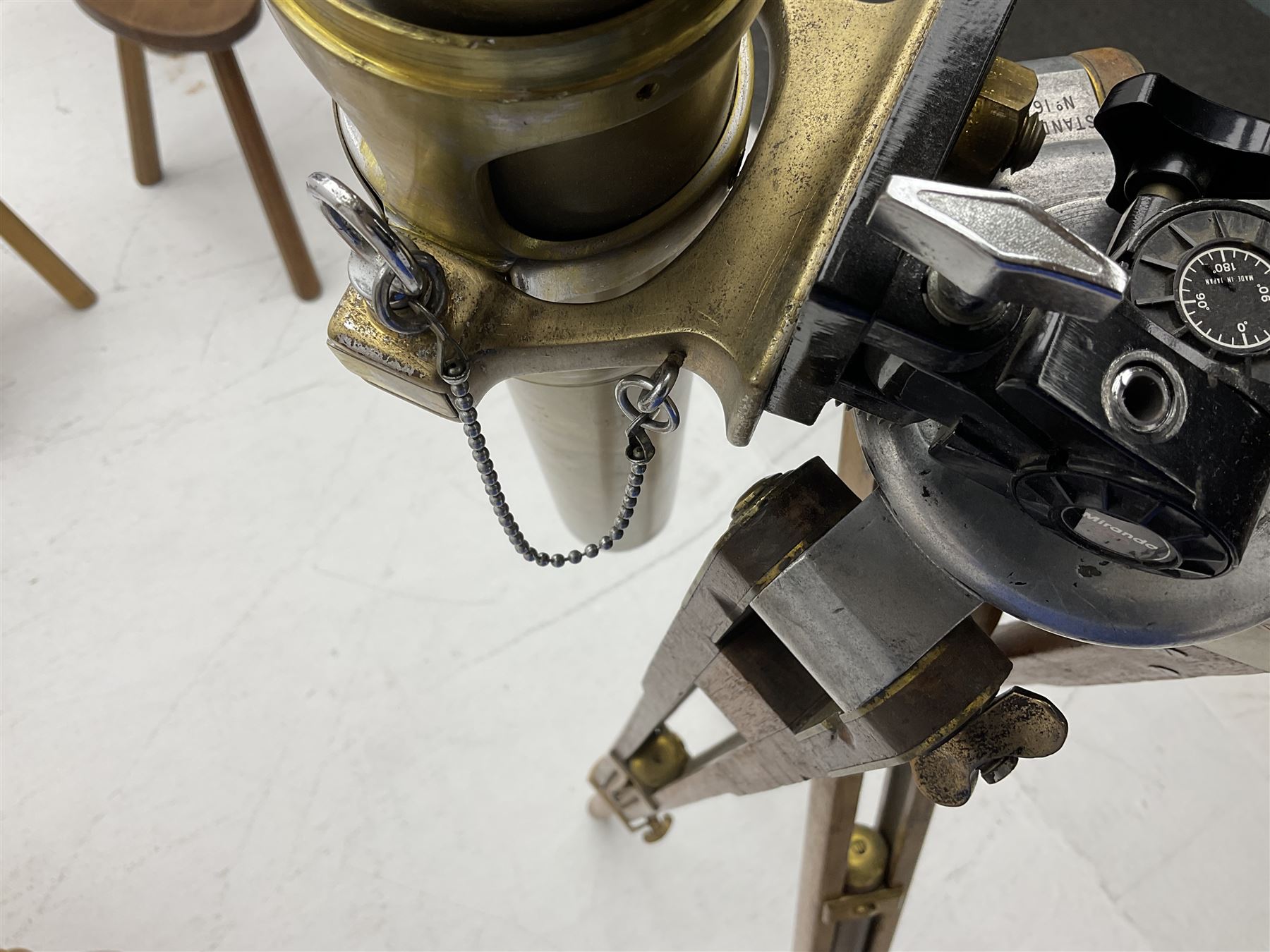 Early 20th century Ross London brass gunsight L67cm now as a telescope with Gaskell & Chambers bracket on hardwood and brass adjustable tripod marked 'Stands Inst No.16 Mk.1'