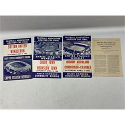 Football programmes - thirteen various England and England Youth matches 1953-77; European Cup Winners Cup Final May 19th 1965 TSV Munchen 1860 v West Ham; European Champions Club Cup Final May 29th 1968 Benfica (1) v Manchester United (4), the famous Bobby Charlton final; seven Wealdstone F.C. 1950-66 including London Senior Charity Cup Final May 10th 1952; Harrow Town Football Challenge Cup April 14th 1948; and eight F.A. Amateur Cup Finals and Semi-Finals plus three song sheets 1956-68 (34)