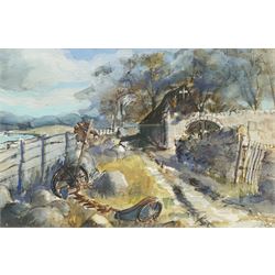 Gill Douglas (Northern British 1944-): 'Journeys End - Isle Ewe Wester Ross', watercolour signed, titled verso 24cm x 36cm 
Notes: Originally from Newcastle upon Tyne, at the age of 28 Gill moved to study Theatre Design at Art College in Nottingham.  On completion of her Diploma, in 1976,  she moved to York to establish herself as an artist and print maker.