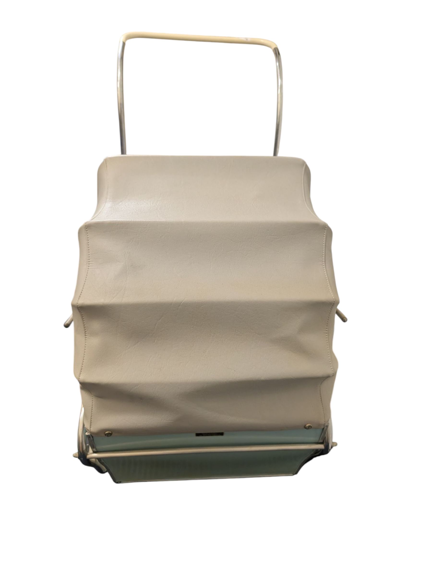 Mid 20th century Dutch baby pram/stroller, with wooden teal sides and chrome chassis, with retailers label for Mors Ouderwetse Kinderwagens, handle H100cm, L130cm