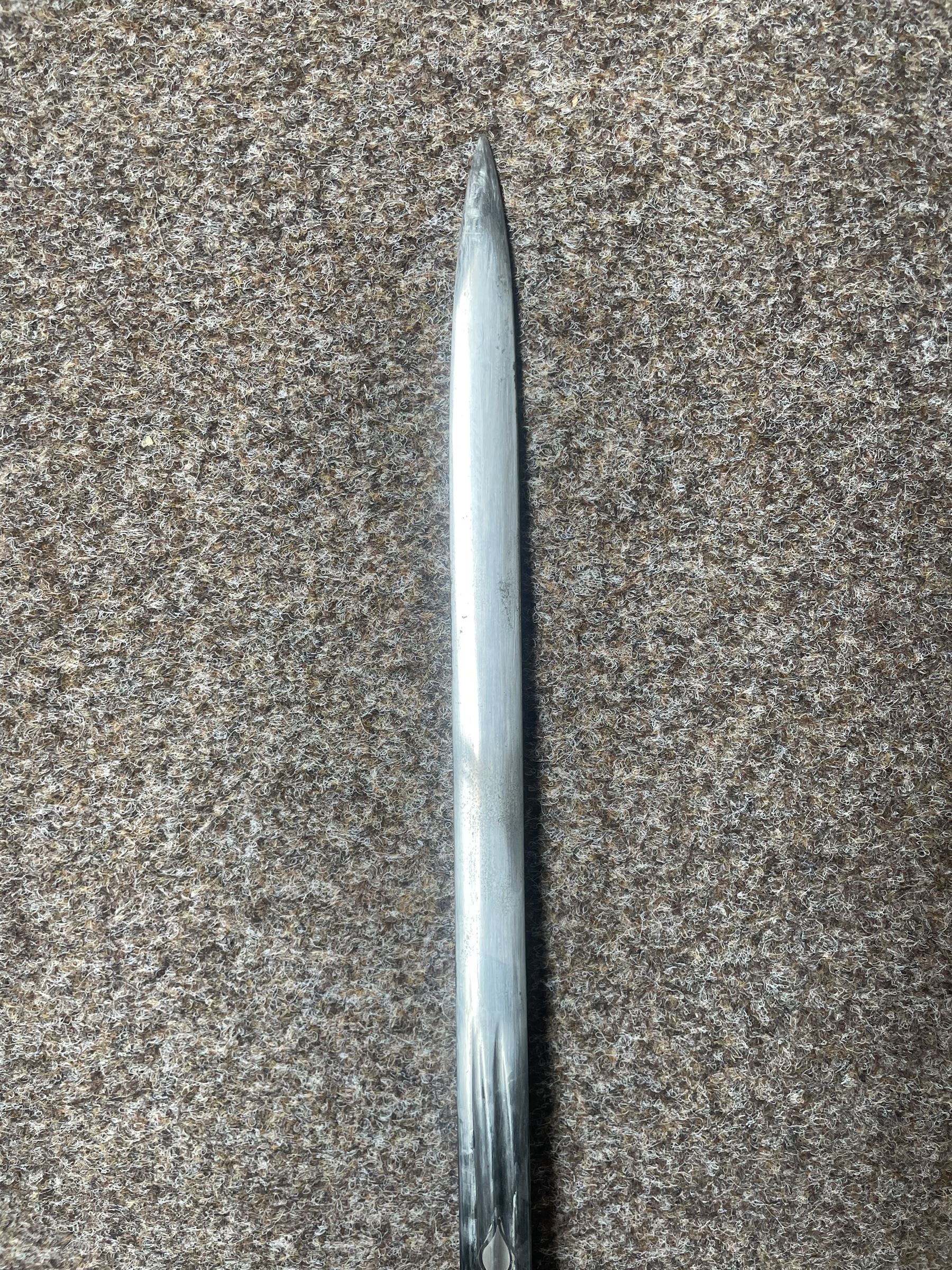 George V basket hilted broad sword with engraved blade, wire wound fish skin grip and field service scabbard, blade length 83cm