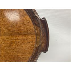 Late 19th/early 20th century mahogany and marquetry inlaid tray, of oval form with twin scrolled handles and moulded border, the central panel inlaid with figures seated at a table drinking tea, L99cm