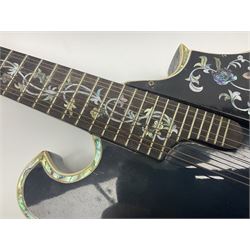 Eastern eight-string F-hole mandolin with blue sunburst finish and mother-of-pearl inlay of flowers and birds L69cm