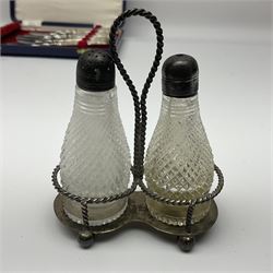 Victorian silver cut glass cruet set on stand, with diamond cut bodies, a set of six silver handled cake forks, cased, a Georgian silver mustard spoon and a silver plated shovel spoon, all hallmarked 