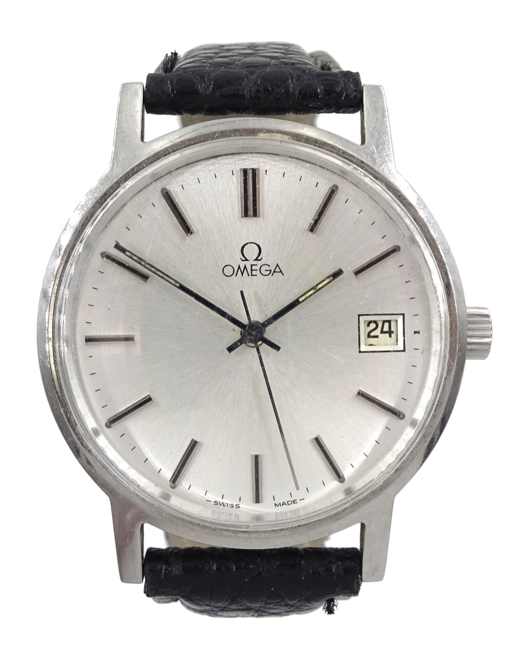 Omega gentleman's stainless steel manual wind wristwatch, calibre 1030, serial No. 44 527730, with date aperture, on black leather strap