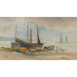 R Livingstone (English School 20th Century): Jockey on Horseback - potentially Lester Piggott, oil on wood panel signed; S Sparke (British 20th century): Roseberry Topping, pair of watercolours signed, one dated '84, and D W S (English School 20th Century): Boats Washed Up on the Beach, pair of watercolours signed with initials and dated '27, max 20cm x 45cm (5)