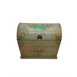 Painted pine chest, hinged dome top, stenciled with tulip decoration 
