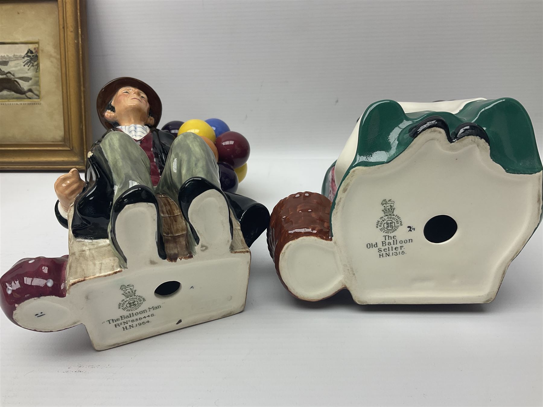 Four Royal Doulton figures, to include The Broken Lance HN 2041, The Old Balloon Seller HN 1315, The Balloon Man HN 11954 and Little Boy Blue HN 2043, together with a Coalport Ladies of Fashion figure Regina and three framed hunting silk needle works