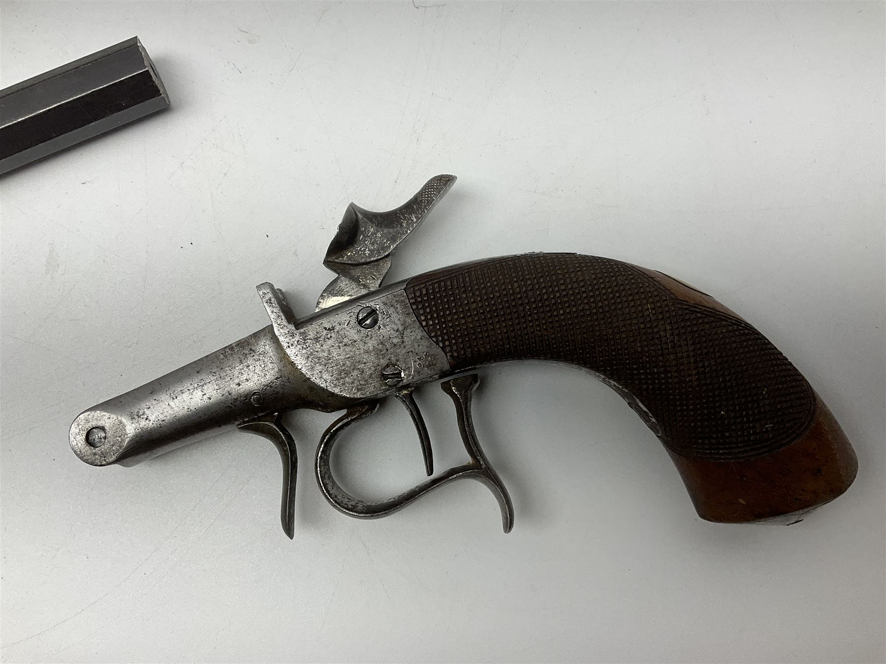 Assorted rifle and pistol spares; early Gem air rifle with sawn off barrel (piece present); telescopic sight; canvas/leather ammunition pouch; Mauser stock; barrel browning solution etc