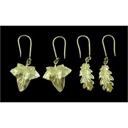 Pair of 18ct gold oak leaf design pendant earrings and one other pair of 18ct gold leaf earrings, both stamped 750, approx 4.2gm