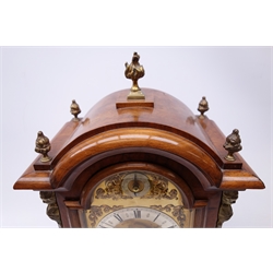  Victorian figured walnut arched top bracket clock, brass dial with silvered Roman chapter and slow/fast dial, twin train movement striking the quarter hours on two gongs, gilt metal finials feet and mounts, W32cm, H46cm, D21cm  