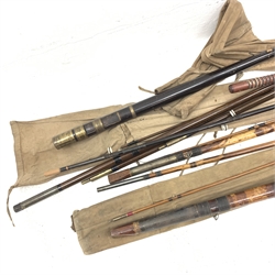 Vintage cane fishing rods including Chevalier by Bowness & Son etc, with various bags