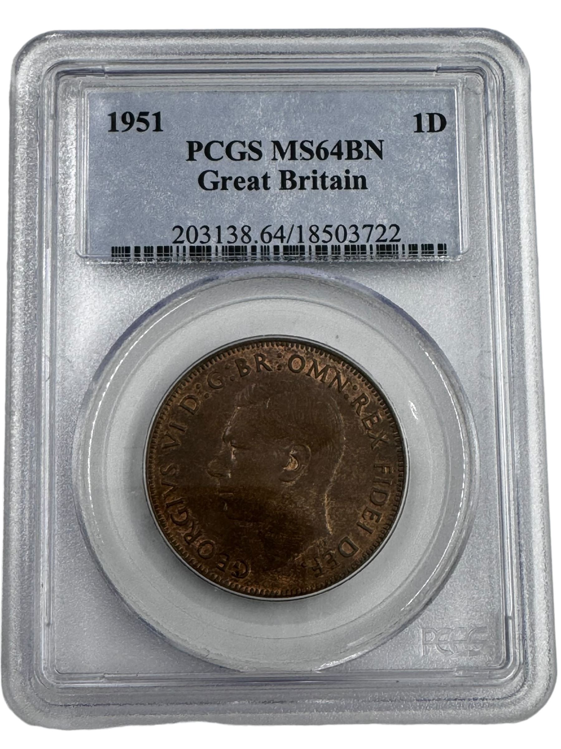 King George VI 1951 one penny coin, encapsulated and graded by PCGS 'MS64BN'