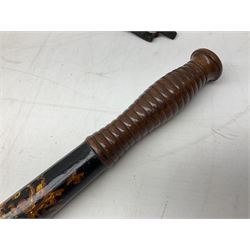 Victorian painted turned wood police truncheon by Field, dated 1851 painted in polychrome with the arms of Blackburn, including crest flanked by the date 18/51 and circumscribed BLACKBURN BOROUGH POLICE, stamped 'FIELD 233 HOLBORN'. L40.5cm. Auctioneer's Note: The borough of Blackburn received its Charter of Incorporation on 28 August 1851; together with two other unmarked turned wooden truncheons (3)