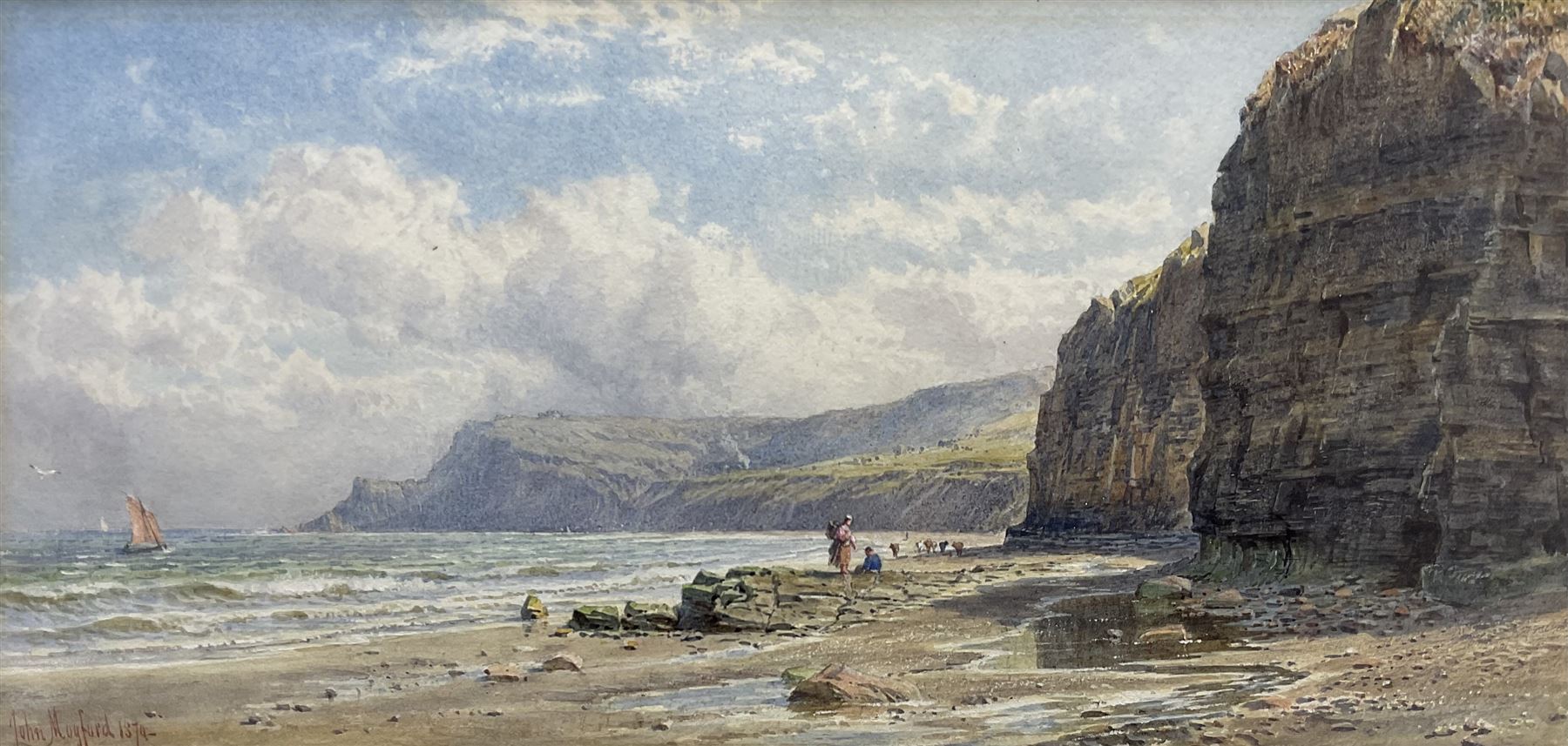 John Mogford (British 1821-1885): Children on the Beach at Boggle Hole near Robin Hood's Bay, looking over Stoupe Brow towards Ravenscar, watercolour signed and dated 1874, 17cm x 35cm 
Notes: Mogford visited the Yorkshire coast multiple times; two views of Scarborough dated 1866 were sold David Duggleby Ltd 18th June 2021 Lot 120 and Sotheby's 29th November 2000 Lot 75, and an undated view of Robin Hood's Bay was sold Phillips Oxford 9th November 2000 Lot 77.