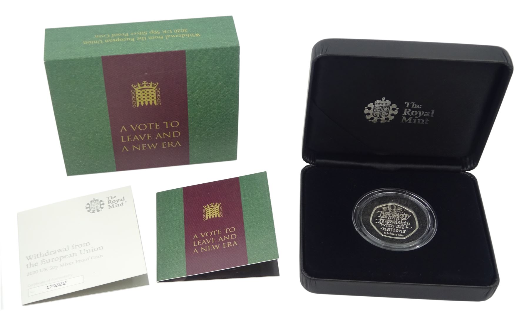 The Royal Mint 2020 'Withdrawal from the European Union' United Kingdom silver proof fifty pence coin, cased with certificate