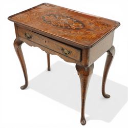 18th century Dutch marquetry side table, rectangular tray top decorated with floral inlays, fitted with a single cock-beaded drawer over shaped apron, raised on cabriole supports with pad feet