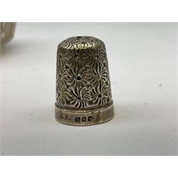 1920's century silver toped cut glass dressing table jar, hallmarked London 1921, together with a Victorian silver thimble, hallmarked Birmingham 1898, and a silver plated vesta case, (3)