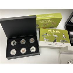 The Royal Mint United Kingdom 1990 silver proof fifty pence two coin set cased with certificate, 2018 'The Royal Birth' brilliant uncirculated  silver penny cased with certificate, Gibraltar 2019 'Silver Sovereign' coin, '50th Anniversary Of The 50p Set' cased by Westminster with certificate etc