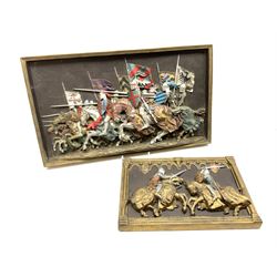 Two ceramic painted wall plaques by Marcus design, depicting a group of knights charging  in battle, H30cm W51.5cm, and two knights sword fighting, H22.5cm W32.5cm. 
