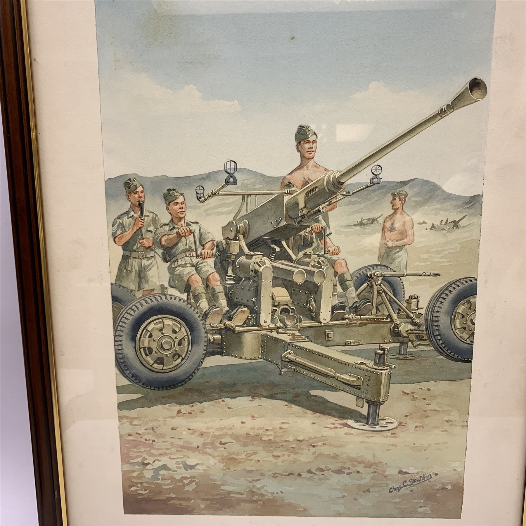 Charles C. Stadden (1919-2002) 'Ack Ack Gun' and 'Normandy Landing', pair of watercolours, signed 43 x 27.5cm, mahogany stained frames NB. Charles C. Stadden was a military sculptor, model maker and artist.