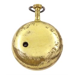 19th century gilt metal, triple cased verge fusee pocket watch, for the Turkish market by Edward Prior, London, No. 62801, pierced and engraved balance cock decorated with a classical urn, white enamel dial with Turkish hour markers, the outer tortoiseshell case, with pique work borders