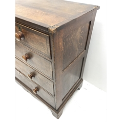 Early 19th century oak and mahogany banded chest, two short and three long drawers, shaped apron on bracket feet, W108cm, H100cm, D54cm
