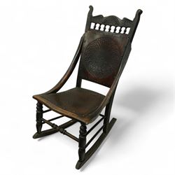 1920s Luterna rocking chair, pressed and stained plywood back and seat panels decorated wi...