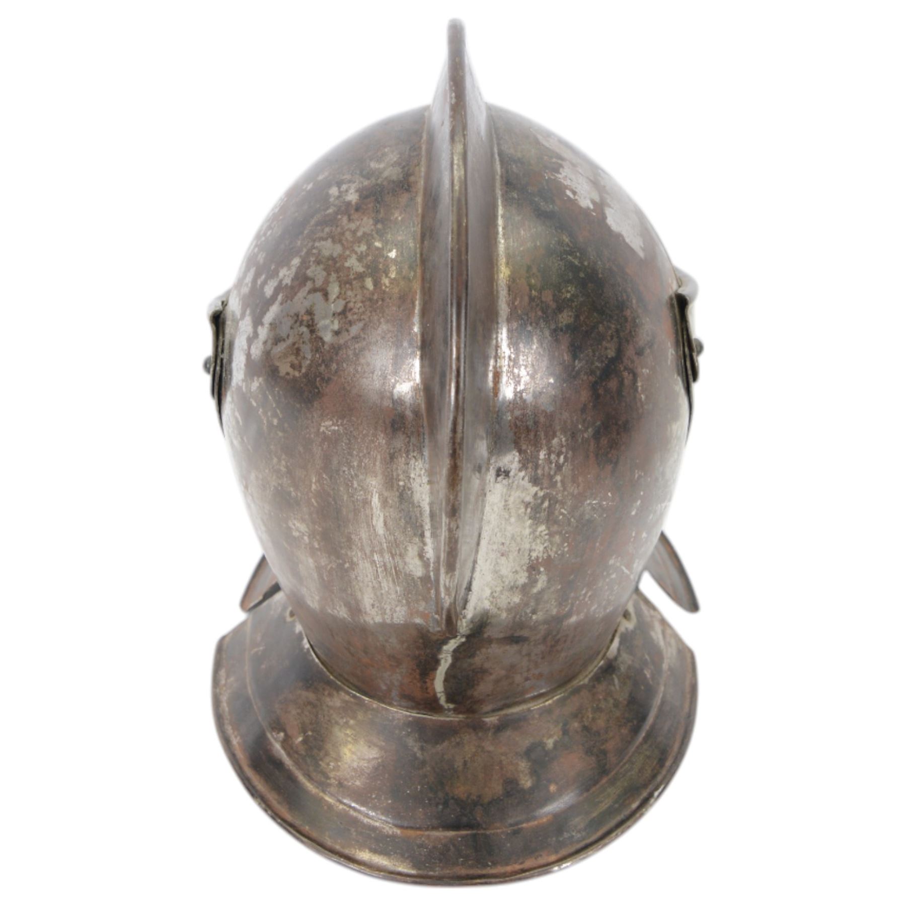 Reproduction 17th century European close helmet, the visor with elongated sights, two-piece skull with a high medial roped comb