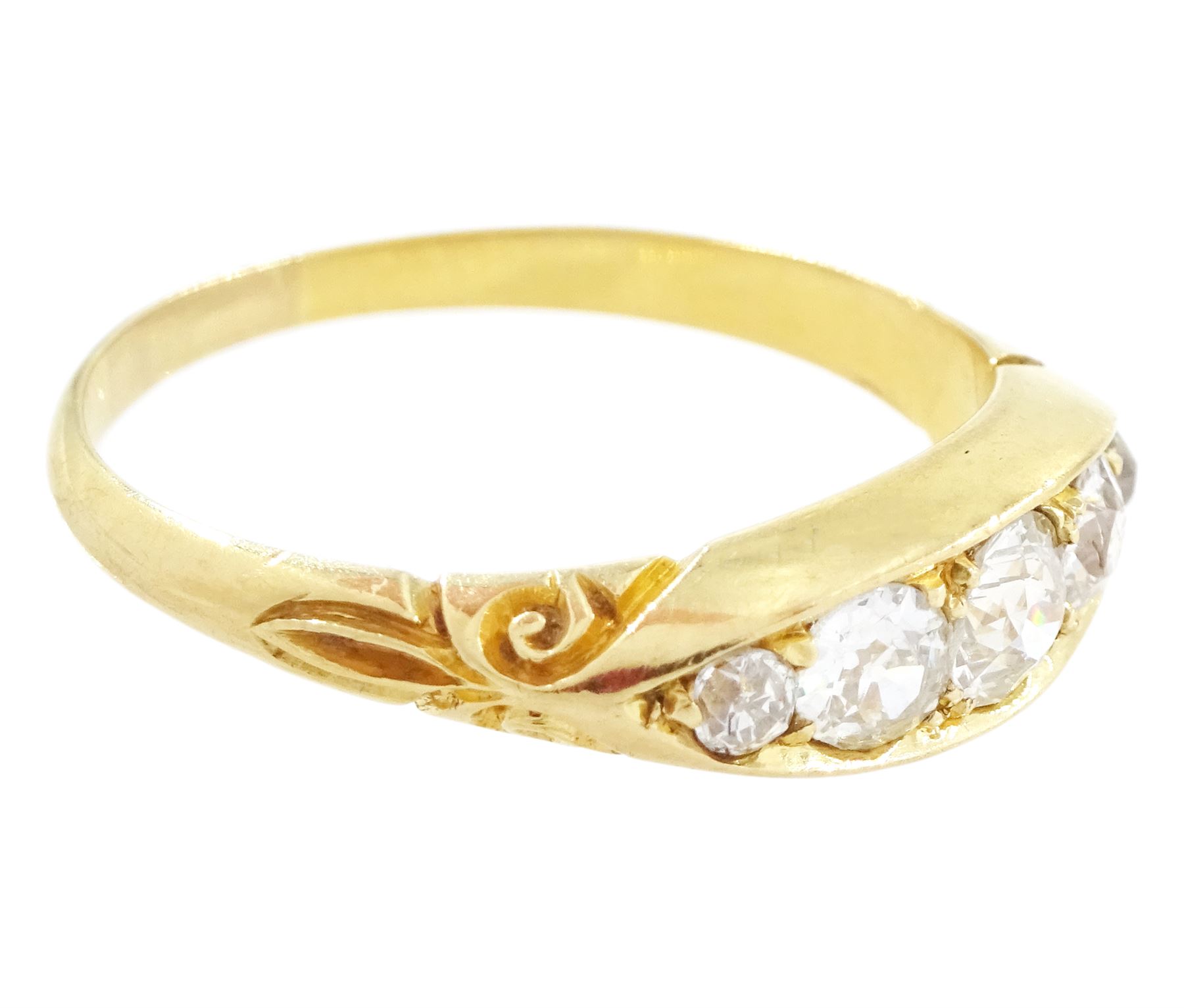 Early 20th century 18ct gold five stone diamond ring, set with five graduating old cut diamonds, with scroll design shoulders, hallmarked, total diamond weight approx 0.60 carat