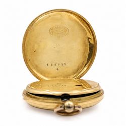 19th century 18ct gold cylinder pocket watch, gilt dial with Roman numeral hour markers, retailed by A.Matthey, back case with engine turned decoration and empty cartouche, stamped 18 Carat Fine