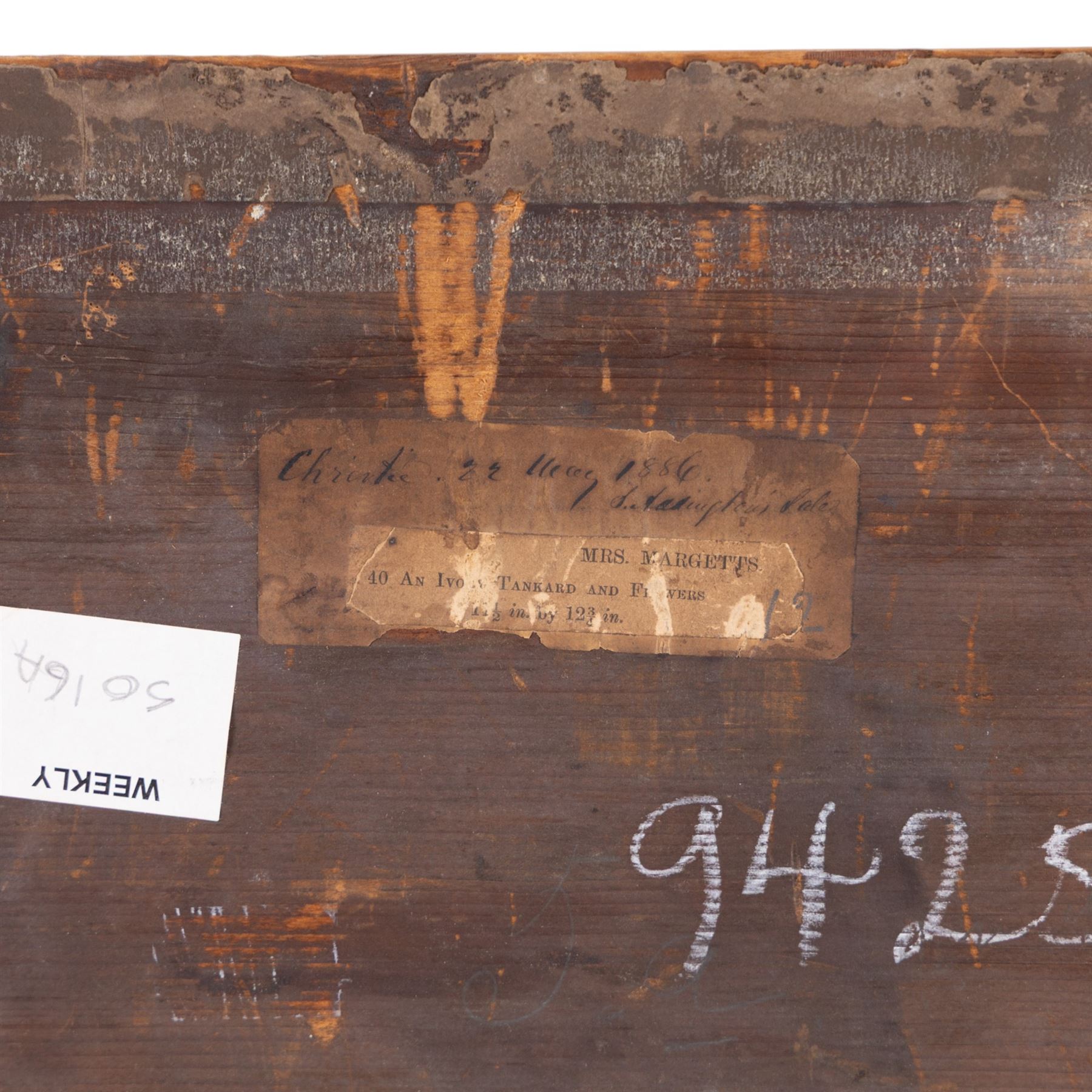 Mary Margetts (British fl.1841-1886): 'An Ivory Tankard with Flowers', watercolour signed, titled and dated 1884 on label verso 30cm x 33cm (unframed) 
Provenance: sold Bonhams London 9th August 2005 Lot 306